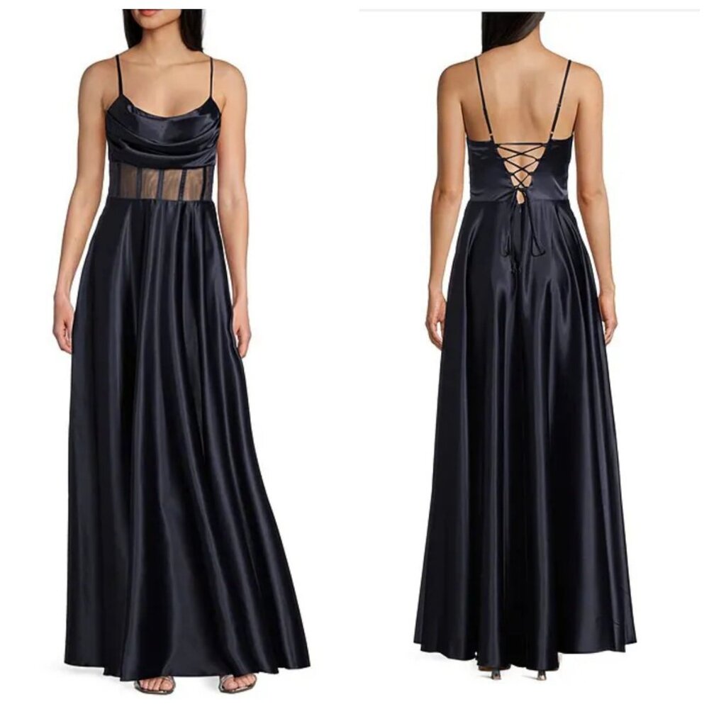 Drape Neck Illusion Corset Satin Gown